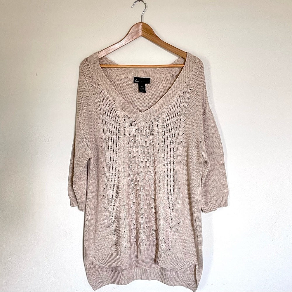 Lane Bryant Beige Cable Knit Sweater Tunic Womens Plus Size 18/20 Metallic Vneck